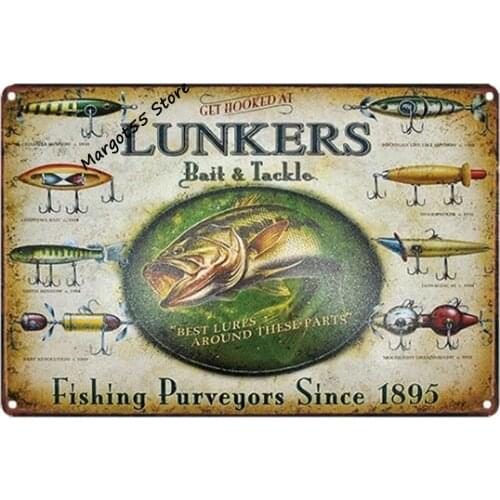 Fishing Purveyors Tin Metal Wall Decoration, Thick Tinplate Wall Art Sign for Fishing Grounds/Yachts (lunkers, 8x12 Inches