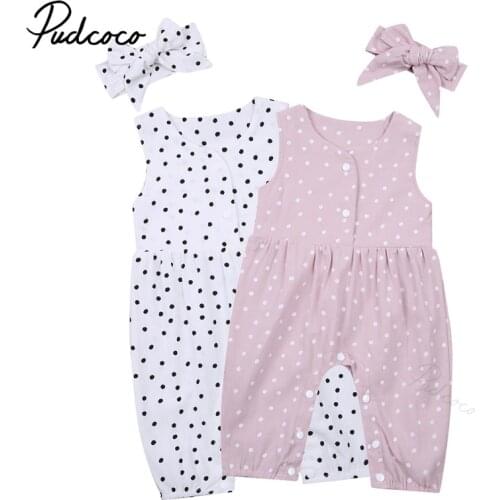 2021 Baby Summer Clothing Infant Sleeveless Jumpsuit + Bow Headband, Polka Dot Print Romper Outfits (White/Pink)