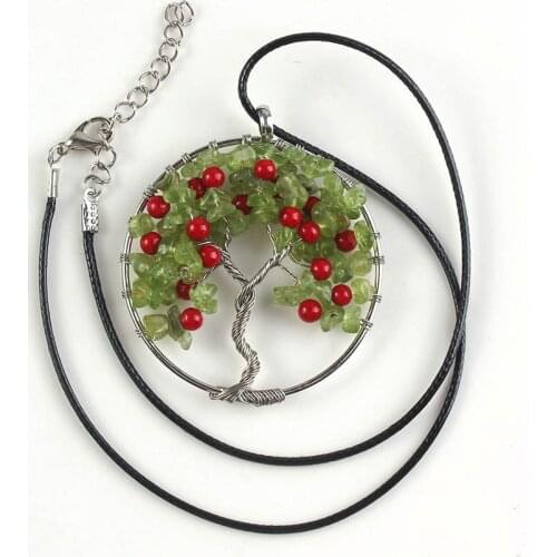 XSM Elegant Cherry Fruit Rope Chain Necklaces Red Round Beads Olivine Wire Wrapped Pendant Tree of Life Amulet Jewelry Gifts