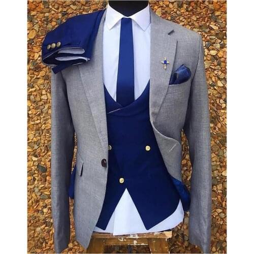Formal Wedding Suits for Mens Slim Fit 3 Piece Groom Tuxedo Gray Jacket with Royal Blue Vest Pants New Fashion Costume 2021
