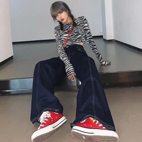 All-Match Teens Leisure Wide Leg Trousers High Waist Jeans Women Dark Blue Denim Pockets Fashion Comfortable Simple Streetwear