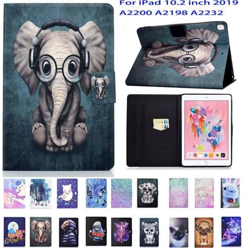 Flip Case For iPad 10.2 Case 2019 A2200 A2198 A2232 10.2 inch Funda Stand Tablet Fashion Pattern Elephant Dog Fundas Coque Cover
