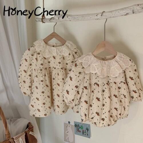 Autumn Girls Lapel Princess Dress Baby Floral Crawling Clothes One-Piece Sisters Outfit flower girl dresses for weddings