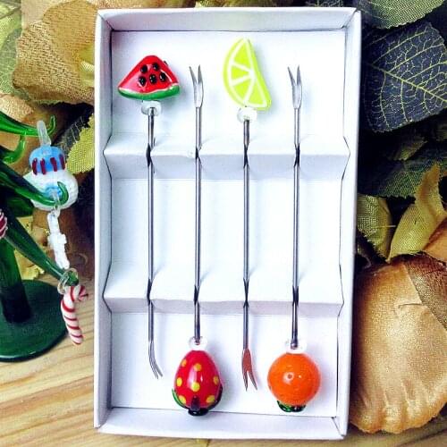 Custom handmade murano glass Watermelon, lemon, strawberry, orange accessories stainless steel fruit fork set Cake dessert stick