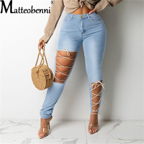 2021 Autumn New Fashion Women Solid Lace-Up Hollow Out Jeans Plus Size Ladies Streetwear High Waist Skinny Denim Pencil Pants