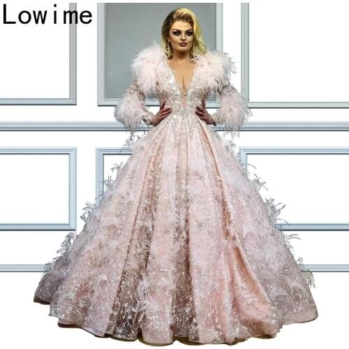 New Luxury African Long Formal Evening Dress Pink Glitter Feather Celebrity Dress Kaftan Sexy Runaway Prom Party Gowns Vestidos
