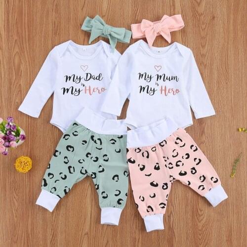 2021 Autumn Newborn Baby Girls 3Pcs Set Long Sleeve Letter Print Bodysuit+Leopard Long Pants+Bow Headband Spring Set