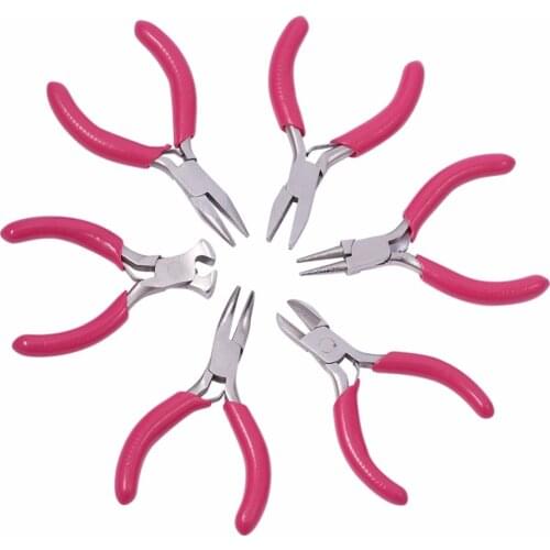 Pandahall 6pcs/bag Deep Pink Carbon Steel Jewelry Plier Sets Portable Beading Pliers DIY Tool Package Kit 70~80x40~52x6~9mm