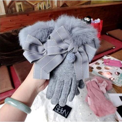 Womens autumn winter thicken warm wollen gloves ladys touch screen rabbit fur winter bow driving glove R2372
