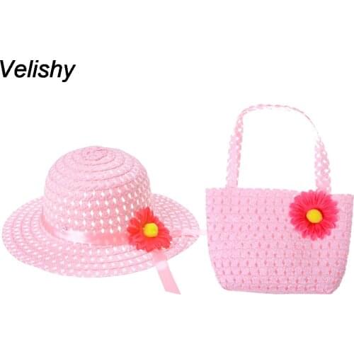 Child Hat+Bag NEW Summer Girls Kids Beach Hats Bags Flower Straw Tote Handbag Bag Suit Fit 1-6 years old Kids
