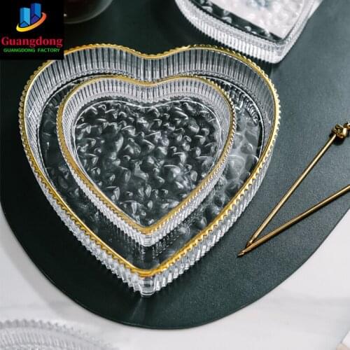 Japanese Style Love Heart Shaped Glass Dinner Plate Dish with Glod Rim Fruit Dessert Plate Incense Tray Jewelry Storage Tray