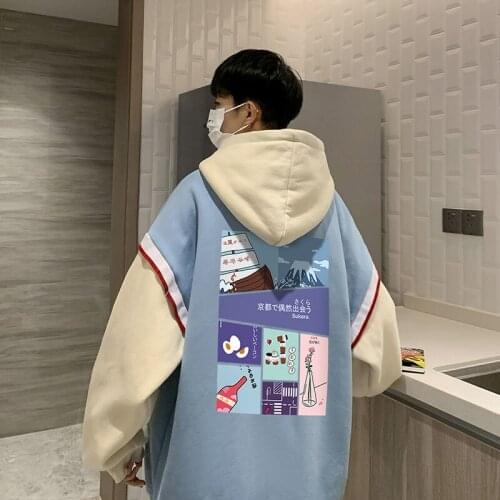 Hooded Sweatshirts For Men Casual All-match Stitching Fake Two-piece Tops Printed Cartoon Loose Sports Male Clothes Oversized
