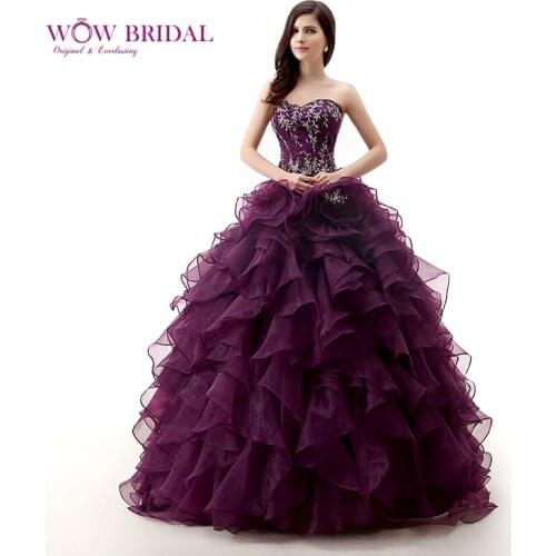 Wowbridal Elegant Purple Quinceanera Dress 2021 Sweetheart Strapless Embroidered Crystal Sequined Organza Ruffled Ball Gown