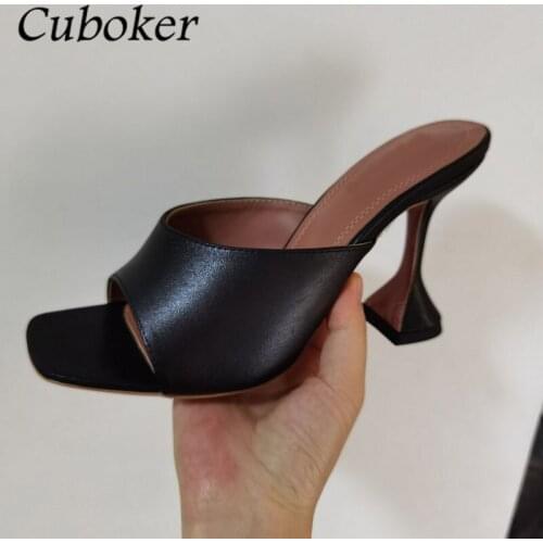 Summer Black Cup Heel Women Slippers Square Toe Leather Slides Brand Runway Ladies High Heels Party Dress Sandalias Mujer Woman