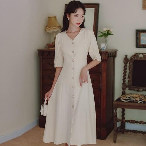 Summer Dress Korean Temperament Pearl Single-breasted Fashion Elegant Robe Femme V-neck Retro French Dresses