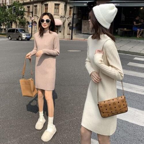Women Autumn Winter Sweater Knitted A Line Dresses Ribbed Loose Elastic Long Sleeve Lady Midi Dresses Vestidos Robe Femme D139
