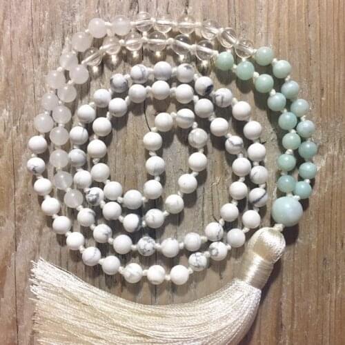 108 Beads Knotted Necklace Howlite & Amazonite Mala Necklace Prayer And Meditation Jewelry Long Tassel Necklaces