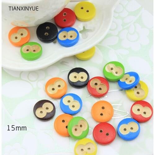 50 pcs Cartoon monkey Eye button, Print 2 Holes Wooden Buttons 15mm Sewing Scrapbooking Crafts,Clothing accessories