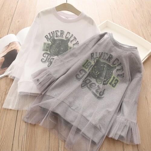 Childrens Sweatshirts Spring Autumn New Baby Girls Hoodies Fashion Print Net Yarn Splicing Pullovers for Girls Kids Clothing