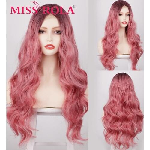 MISS ROLA Long Body Wave Pink Synthetic Wigs for Women Middle Part Cosplay Party Daily Use Heat Resistant