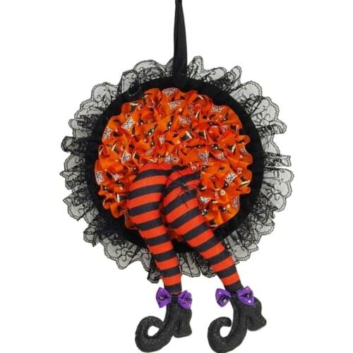 Halloween Funny Witch Leg Wreath with Lace Skirt Door Hanging Garland Decoration