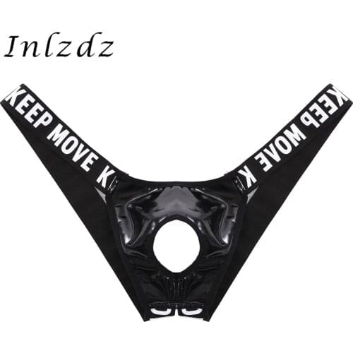 Mens Lingerie Hollow Out Patent Leather Briefs Panties Bulge Pouch Jockstrap Letter Print Waistband T-Back Thongs Underwear