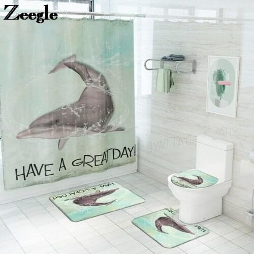 Dolphin Printed Shower Curtain and Bath Mat Set Microfiber Toilet Mat Water Absorbent U-Shaped Toilet Rug Anti-slip Foot Mat Set
