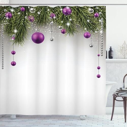 Christmas Shower Curtain Set Lilac Ornaments of Noel Fir Branch Curtain for Bathroom Decor 12 Hooks Decorative Bath Accessory