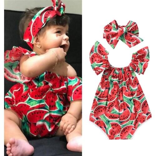 Pudcoco Baby Girl Clothes Newborn New born Sleeveless Watermelon Printing Bodysuit+Sweet Headband 2pcs Outfits