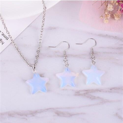 1Set Natural Opal Stone Star Pendant Necklace Earring Set for Party Prom Anniversary Kids Women Fashion All Saints' Day Jewelry