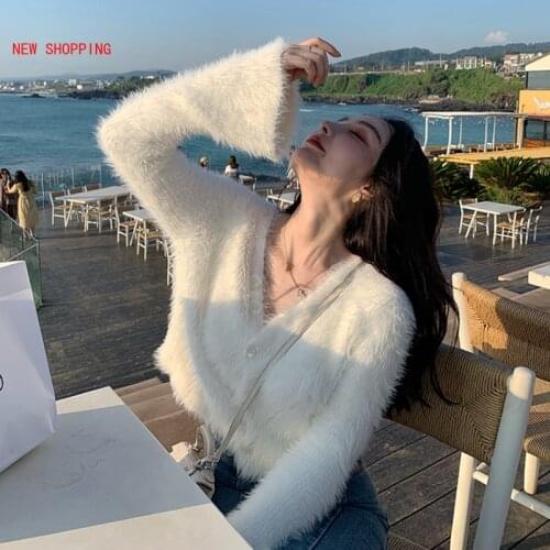 Hairy Mink Sweater Autumn Winter Faux Mink Fur Cardigan Flared Sleeve Women Fluffy Crop Sweaters Elegant Fashion V Neck Knitwear