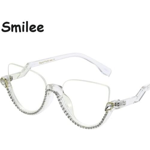 Rhinestone Half Frame Glasses Office Trendy Anti Blue Light Women Fashion Computer Glasses Clear Frame Spectacles Zero Points