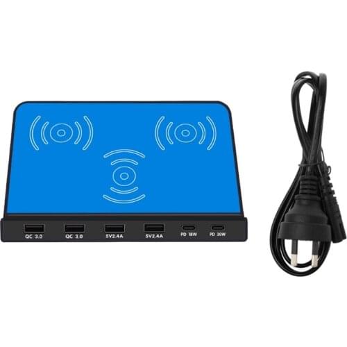 Universal 6Port 30W Type C PD QC3.0 USB Fast Charger 10W Dual Wireless Charger Station Stand for Laptop Cellphone Tablet