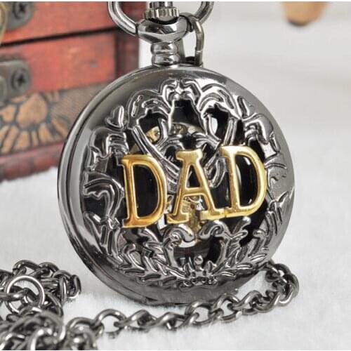 Vintage Black Dad Skeleton Mechanical Hand Wind Pocket Watch With Chain Gifts For Father