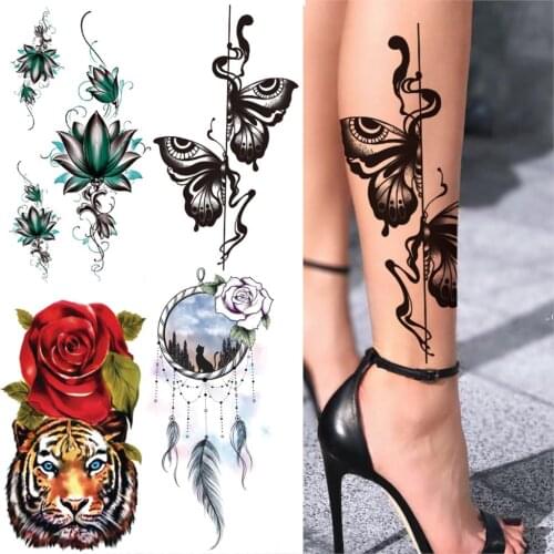 3D Butterfly Temporary Tattoos For Women Men Adult Lotus Rose Tattoo Dream Catcher Fake Sticker Half Sleeve Thigh Tatoos Tiger
