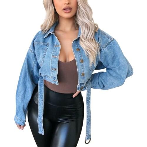 Denim Jacket for Women Casual Long Puff Sleeve Button Down Cropped Jean Coats Fashion Denim Crop Jacket with Belt Streetwear
