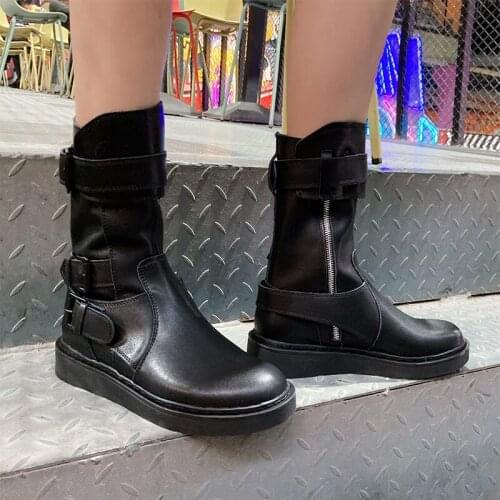 Swiftmovement Chelsea Boots Genuine Leather women fashion motorcycle Short Boots Ladies platform shoes belt buckle boots