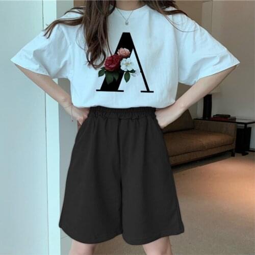 Women Two Piece Set Letter Short Sleeve Tshirts & Biker Shorts Sets Summer Wide Leg Jogging Sports Suit Sexy Outfit Pants Suit