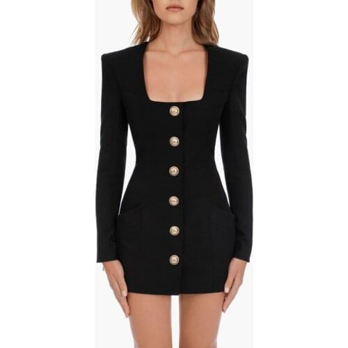 Fall 2021 New Fashion Solid Color Square Collar Single Row Golden Buttons Long Sleeve Slim Zipper Pocket Short Woman Dress