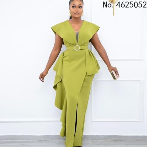 Elegant Evening Party Dress Women Sexy V-Neck Bodycon Split Long Dresses Ruffles Maxi Dress Plus Size Robe Africaine Femme 2021