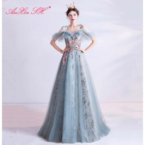 AnXin SH princess sparkly boat neck Blue lace little bow ruffles embroidery flower bride Toast dinner party evening dress 5970