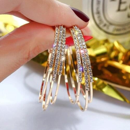 Exaggerated Rhinestone Shiny Circle Hoop Earrings Large Round C-Shape Earrings for Women 2021 Fashion Jewelry Accessories