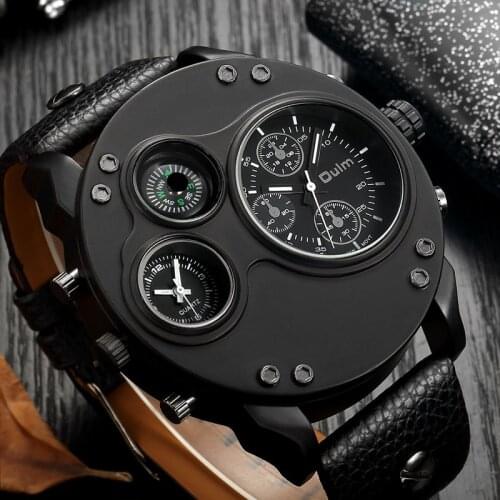 Compass Mens Watches Army Pilot Black Leather Dual Time Zone Wristwatch Male Quartz Big Size Luxury Military Watch Freeshipping