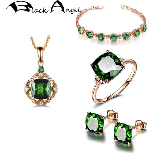 BLACK ANGEL 2021 New Emerald CZ Jewelry Set Green Gemstone Square Four Claw Ear Stud Necklace Resizable Ring Bracelet for Women