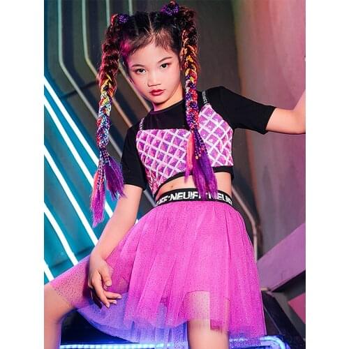 Girlss Jazz Costume Hip Hop Clothing Pink Sequin Stage Outfit Cheerlead Dance Performance Clothing Tops Pants Suits DNV14410