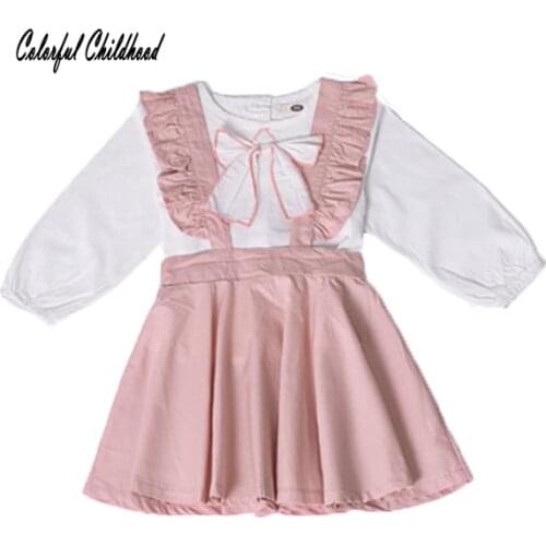 2pc Baby Toddler Girl Sets 2018 New Fall Top blouse+Strap Dress Ruffle Pleated Skirt Casual Christmas Outfit Kids Girls Clothes