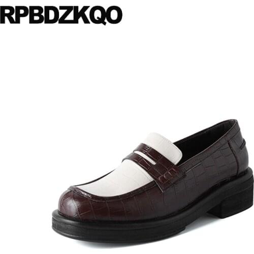 Brown Slip On Black And White Low Heel Genuine Leather Chunky Snake British Style Retro Loafers Designer Shoes Women Luxury 2021
