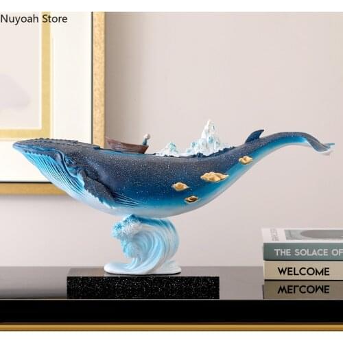 Creative Dark Blue Whales Ornaments Nordic Art Resin Crafts Animal Statue Modern Sculpture Luxury Home Decoration Accessories