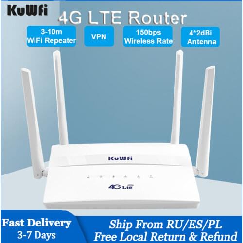 KuWFi 4G LTE Wireless Router Unlimited 150Mbps 3G/4G CPE Router&Wireless Wifi Hotspot With SIM Card Slot 4*2dBi External Antenna