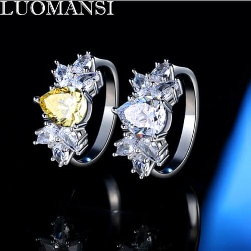 Luomansi 100%-S925 Sterling Silver 2CT Pear Shaped Moissanite Ring Wedding Engagement Super Flash Female Jewelry